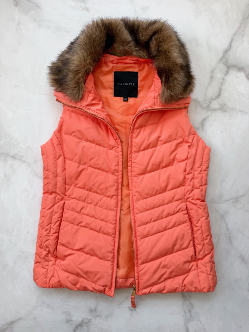 Talbots Women's Orange Down Vest with Faux Fur Trim - Size XS